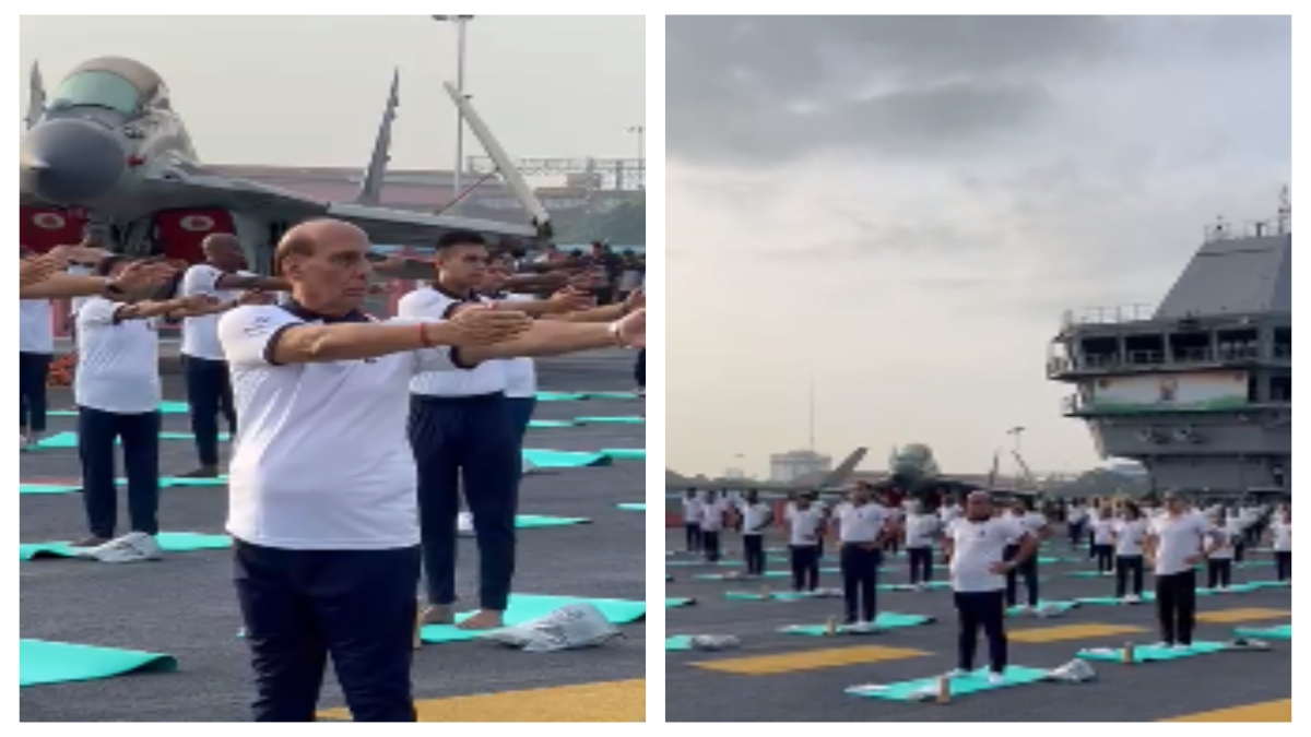 yoga day 2023 fabulous video defence minister rajnath singh doing yoga on ins vikrant । स्वदेश निर्मित विमानवाहक पोत INS Vikrant पर रक्षा मंत्री राजनाथ सिंह ने किया योग, देखें वीडियो