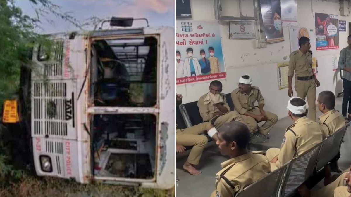 Gujarat 38 jawans of SRP injured as bus overturns in hilly area nine serious । गुजरात में बड़ा सड़क हादसा, स्टेट रिजर्व पुलिस के जवानों से भरी बस खाई में गिरी, 38 घायल