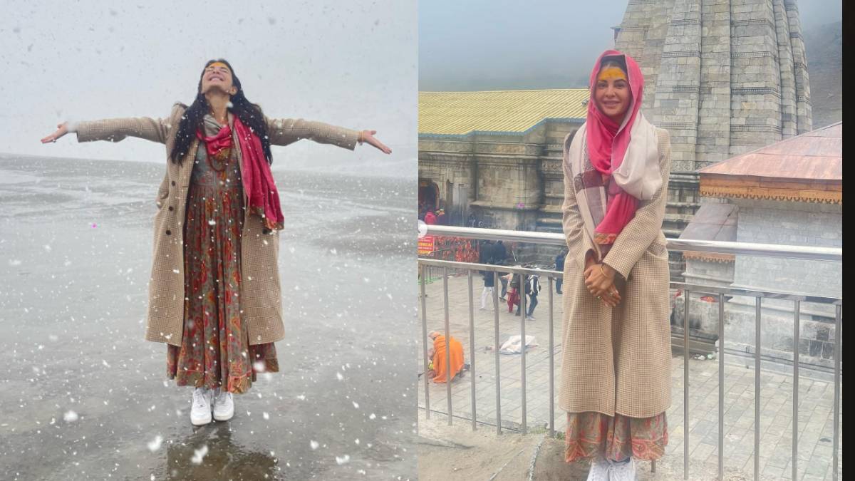 Jacqueline Fernandes bowed her head at Kedarnath temple, showed in pictures how she enjoyed snow fall | जैकलीन फर्नांडिस ने केदारनाथ मंदिर में टेका माथा, तस्वीरों में दिखाया कैसे लिया स्नो फॉल का मजा