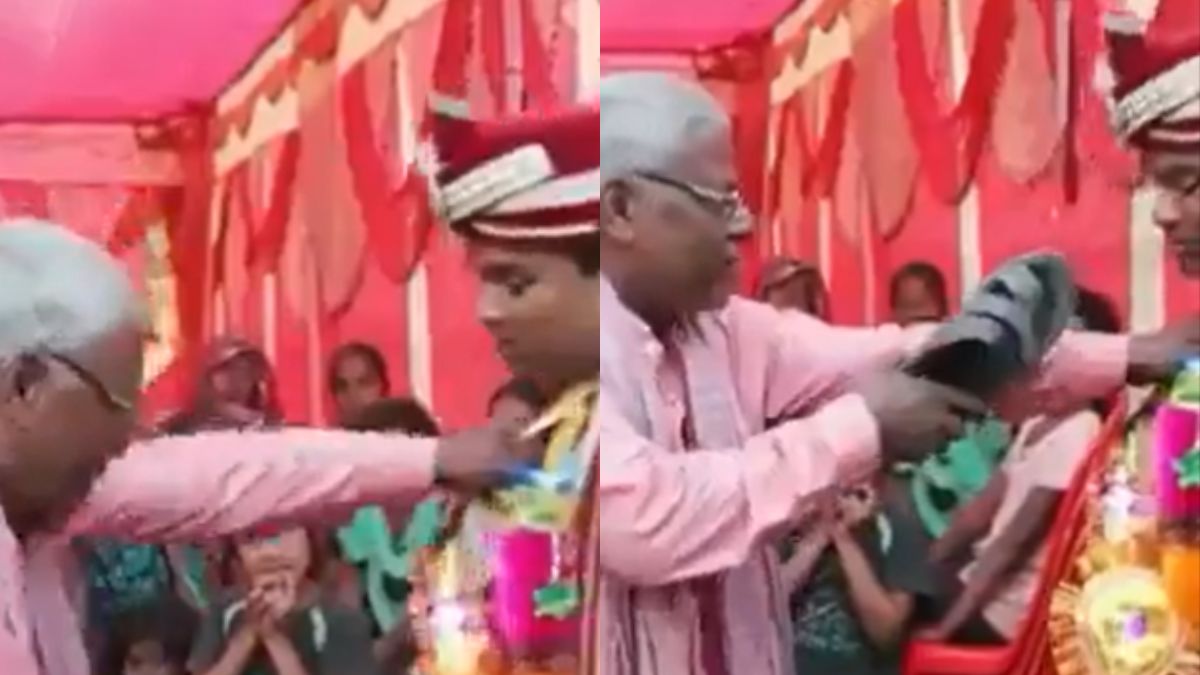 Due to one mistake of the groom, he was beaten with slippers in front of the entire wedding procession| Viral Video: दूल्हे की एक गलती से बाप का दिमाग हुआ गरम, पूरी बारात के सामने चप्पल से कर दी पिटाई