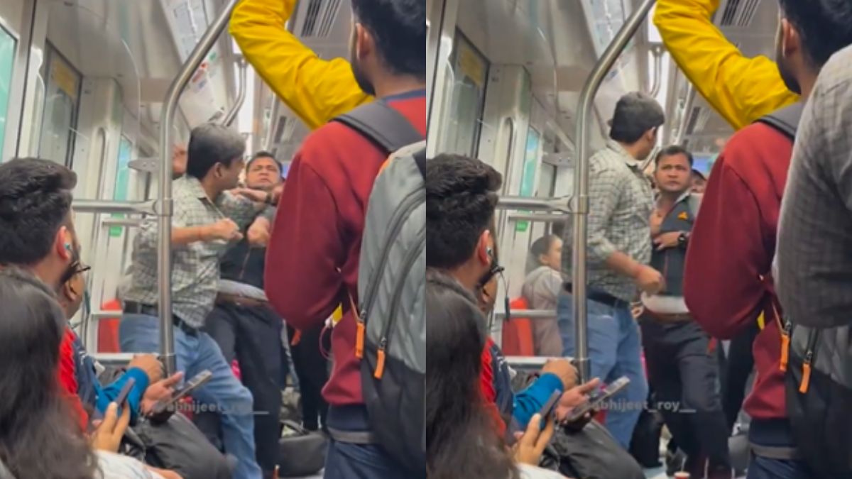 two men fight over seat issue in delhi metro watch viral video। Video: मुंह पर मुक्के ही मुक्के चले, Delhi Metro में सीट को लेकर भिड़े दो यात्री