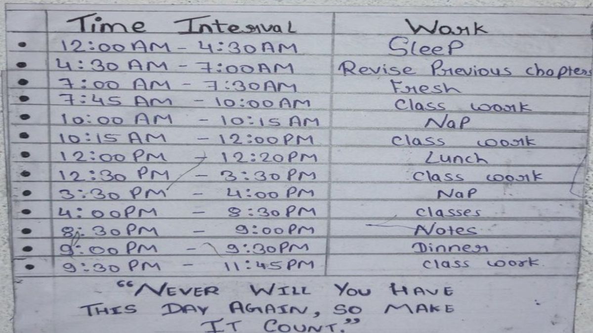 IIT-JEE की तैयारी के लिए छात्र ने बनाया खतरनाक शेड्यूल, Time Table देखकर आप भी हो जाएंगे हैरान