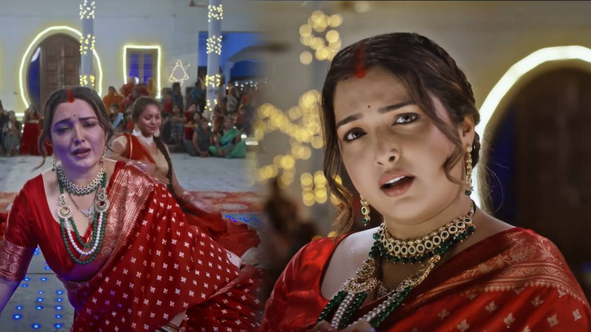 मांग में सिंदूर, चटक लाल साड़ी में आम्रपाली दुबे ने दिखाए लटके-झटके, 10 घंटे में ही ‘नागिनिया’ ने मचाई धूम