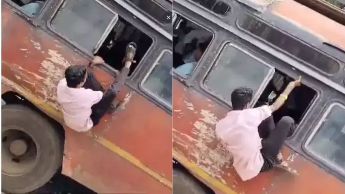 VIDEO: सीट के लिए बस की खिड़की से घुस रहा था बंदा, अगले ही पल जो हुआ देख नहीं रोक पाएंगे अपनी हंसी