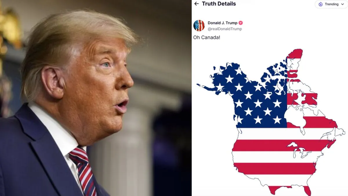 ट्रंप ने नक्शा शेयर कर कनाडा को दिखाया अमेरिकी राज्य, लिखा-"Oh Canada"...ट्रूडो ने दिया ये रिएक्शन डोनाल्ड ट्रंप, अमेरिका के नवनिर्वाचित राष्ट्रपति द्वारा शेयर किया गया नक्शा।- India TV Hindi