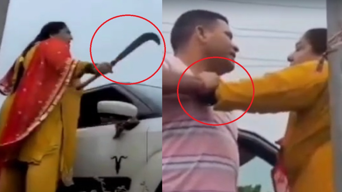 गजब की दबंगई! हाथ में गड़ासा लेकर महिला ने कार चालक का पकड़ा कॉलर, VIDEO देख आप भी रह जाएंगे हैरान