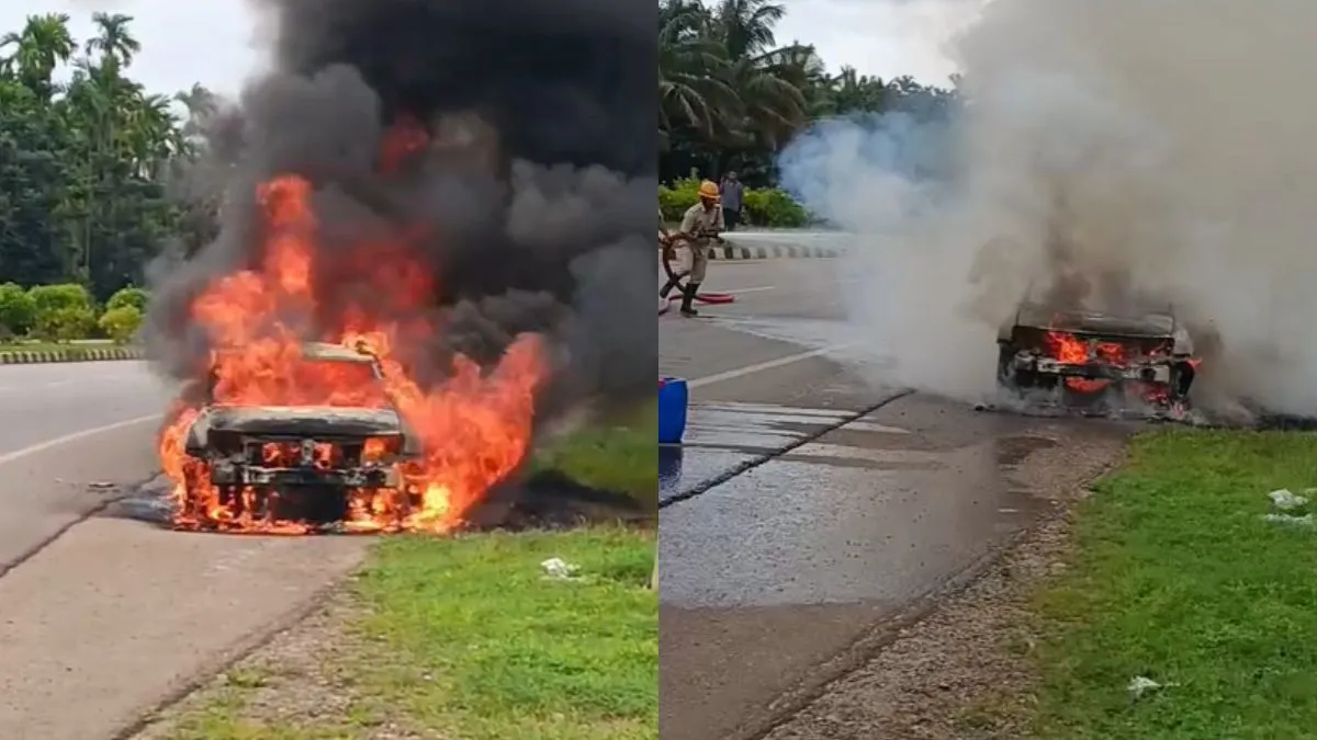 नेशनल हाईवे पर देखते ही देखते आग का गोला बन गई कार, जलकर हुई खाक, सामने आया VIDEO car fire- India TV Hindi