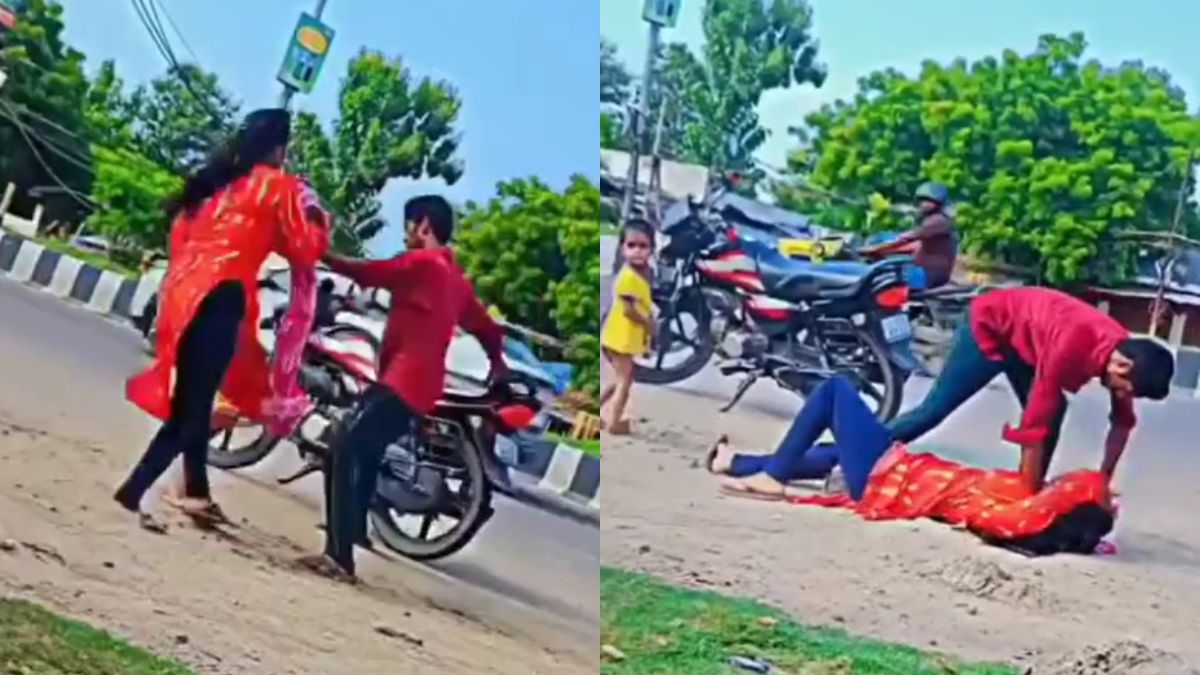 VIDEO: बाइक से जा रहा था कपल, किसी बात पर हो गई अनबन, पति ने सरेराह पत्नी को पटक-पटक कर मारा
