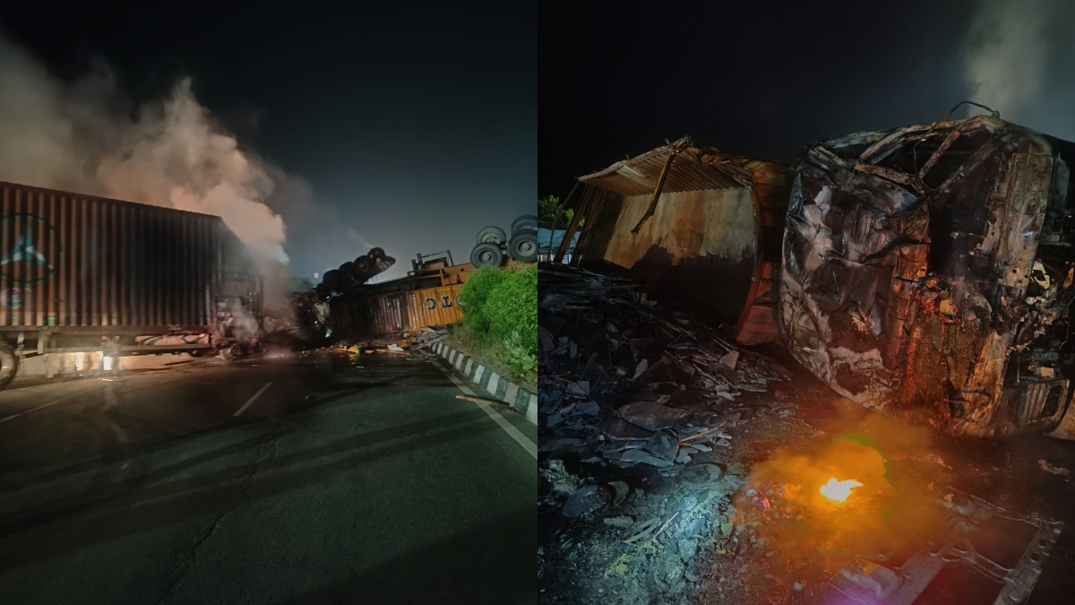 ट्रेलर से टकरा कर आग का गोला बना बिस्किट से भरा ट्रक, कैबिन में फंसे चालक की जलकर हुई मौत