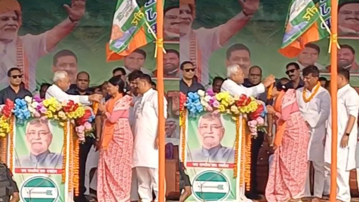 नीतीश कुमार ने बीजेपी की महिला कैंडिडेट को पहनाई माला, रोकने पर भड़क गए; आप भी देखिए VIDEO
