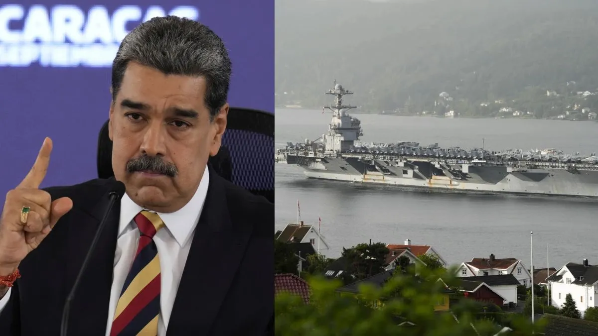 Explainer: युद्ध के मुहाने पर USA और वेनेजुएला, पेंटागन की तैनाती के जवाब में मादुरो ने उतारी रूसी ब्रिगेड; दुनिया में हड़कंप वेनेजुएला के राष्ट्रपति निकोलस मादुरो (बाएं) और लैटिन अमेरिका में तैनात अमेरिकी एयरक्रॉफ्ट कैरियर (द- India TV Hindi