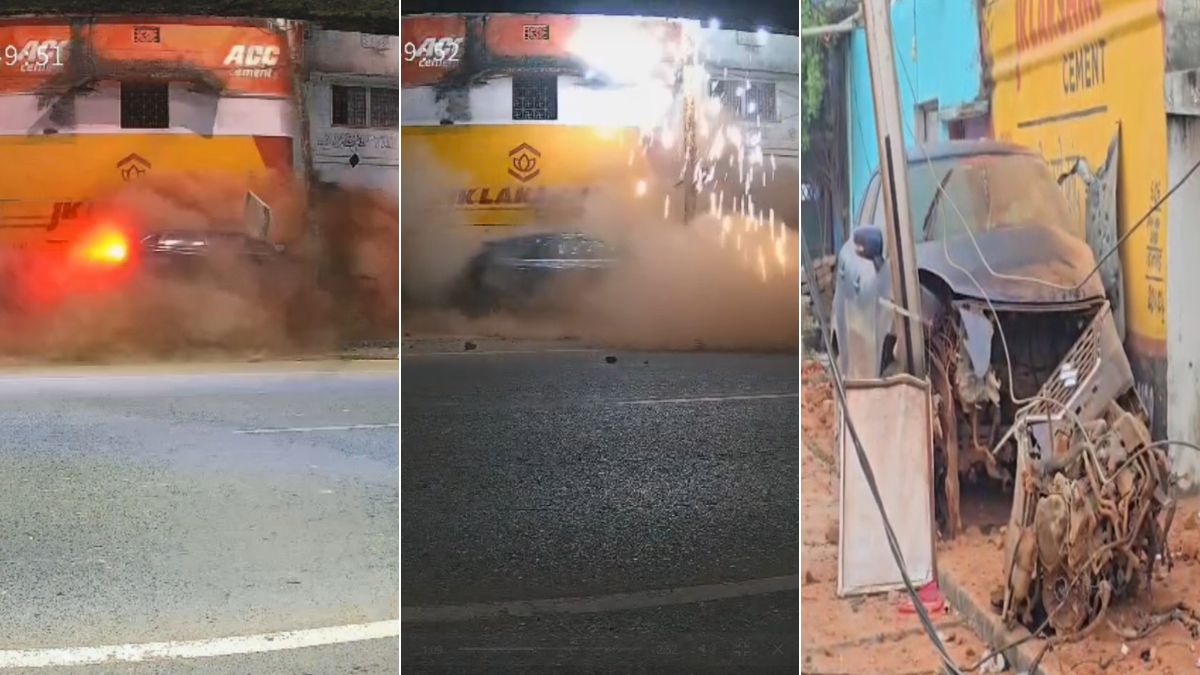 बिजली के खंभे से टकराई तेज रफ्तार कार, बिजली गुल, गाड़ी से छिटक कर दूर जा गिरा इंजन; VIDEO देख कांप उठेगी रूह