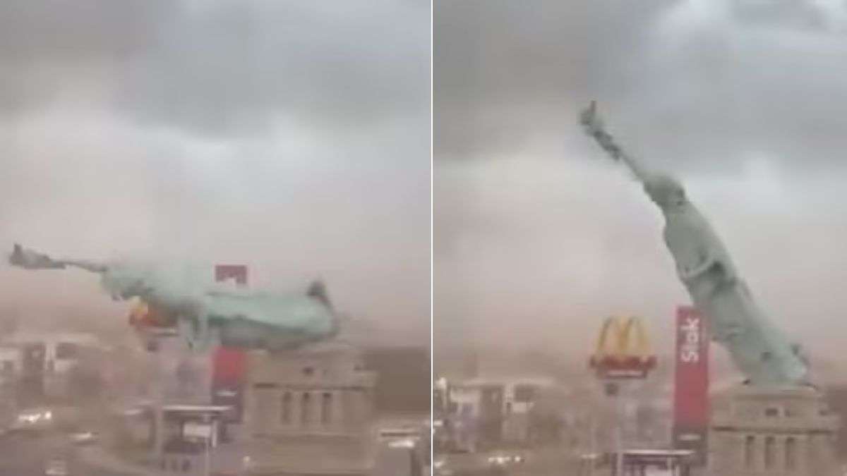 statue of liberty fall, statue of liberty in brazil, Aaj Ka Viral Video : ब्राजील में तेज हवा से गिरा स्टैच्यू ऑफ लिबर्टी - India TV Hindi