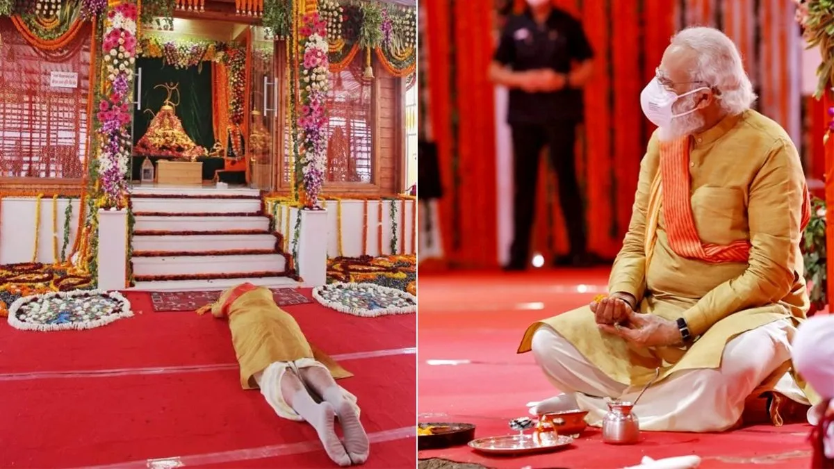 राम मंदिर का भूमि पूजन- पीएम मोदी ने 5 अगस्त, 2020 को विधि-विधान के साथ अयोध्या में भव्य श्रीराम मंदिर की नींव रखी। उन्होंने भूमि पूजन के बाद अभिजीत मुहूर्त में श्रीराम मंदिर का शिलान्यास किया। काशी के प्रकांड विद्धानों ने भूमि पूजन का अनुष्ठान कराया। पीएम मोदी को यजमान के तौर पर संकल्प दिलाया गया।