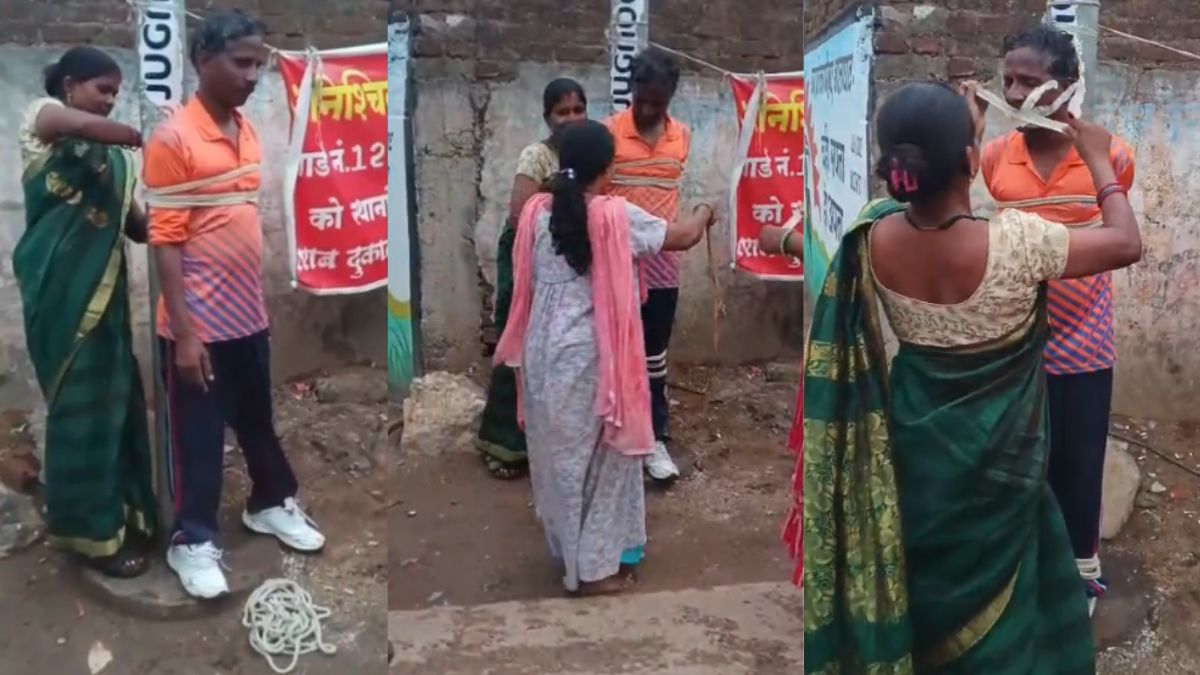 शराबी पति को पत्नी ने खंभे से बांधा, मुंह को टेप लगाकर चिपकाया; VIDEO आया सामने