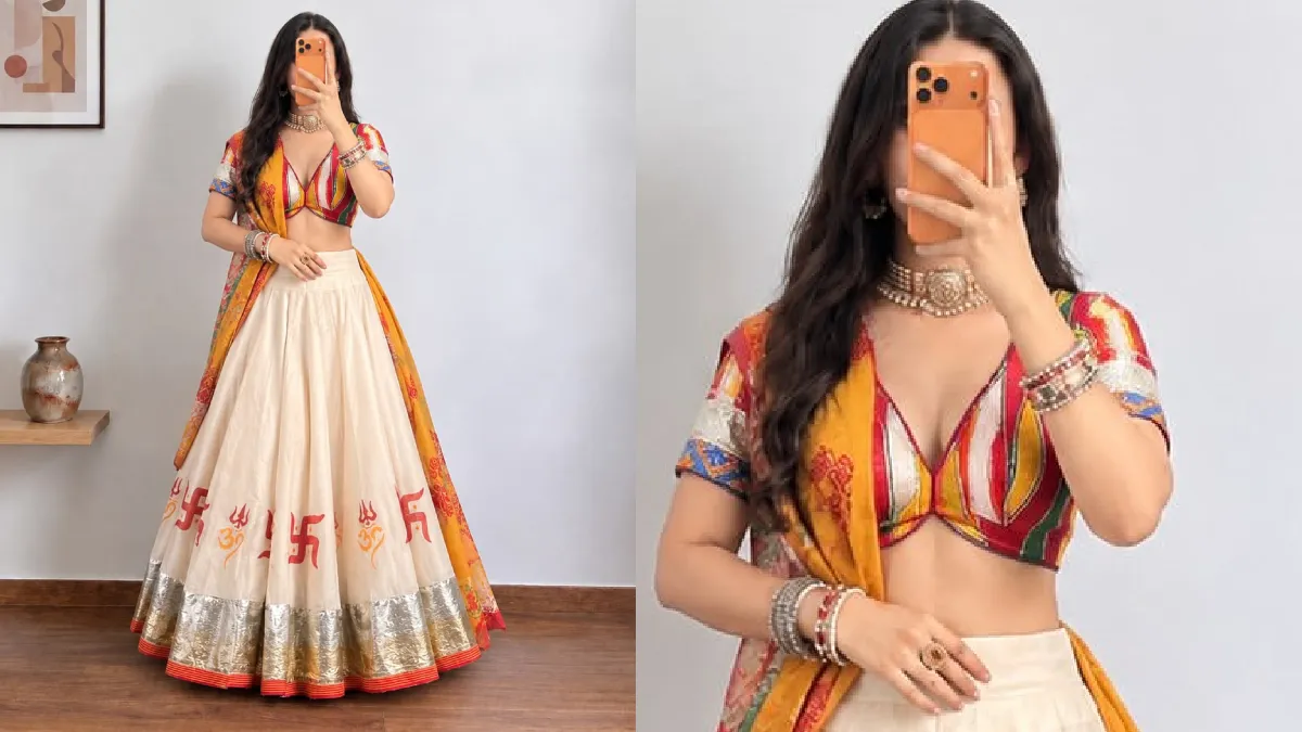 गरबा और डांडिया अक्सर रात में खेला जाता है तो इसके लिए लोग डार्क कलर्स को चुनते हैं लेकिन ऑफ व्हाइट जैसे लाइट कलर आपको भीड़ से अलग बना सकते हैं। आप इस तरह का ऑफ व्हाइट लहंगा और इसके साथ मल्टीकलर ब्लाउज पहन सकती हैं।