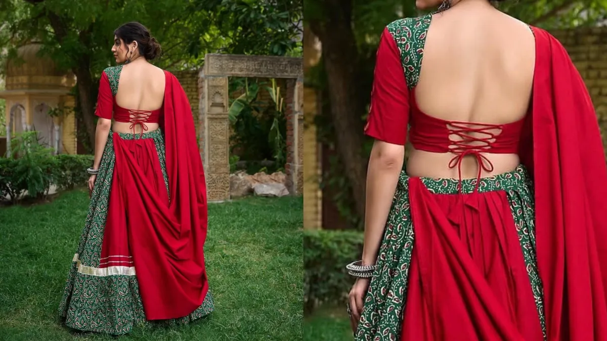 क्रॉस डोरी पैटर्न डिजाइन: अगर आपको गरबा नाइट में सबसे स्टाइलिश दिखना है तो आप क्रॉस डोरी पैटर्न वाला डिजाइन पहन सकती हैं। साथ ही अगर आप चटक रंग पहनना पसंद करती हैं तो यह रेड और ग्रीन कंट्रास्ट ब्लाउज़ डिजाइन गरबा नाइट के लिए परफेक्ट है।