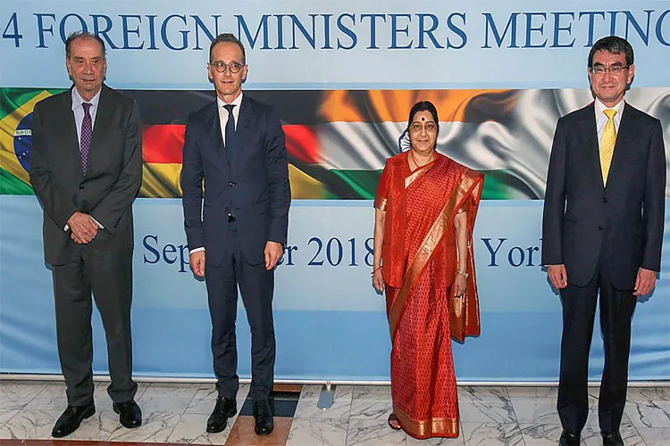 Aloysio Nunes Ferreira, Heiko Maas, Sushma Swaraj and Taro Kono during the G4 Foreign Ministers Meet- India TV Hindi