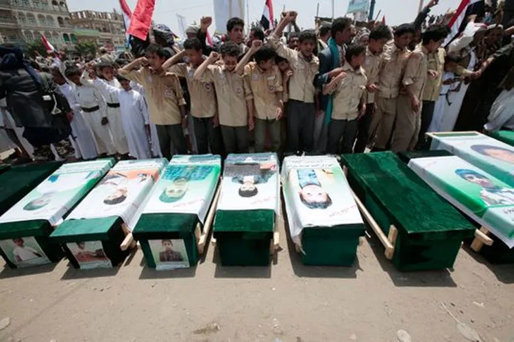 Yemeni people attend the funeral of victims of a Saudi-led airstrike in Saada | AP - India TV Hindi