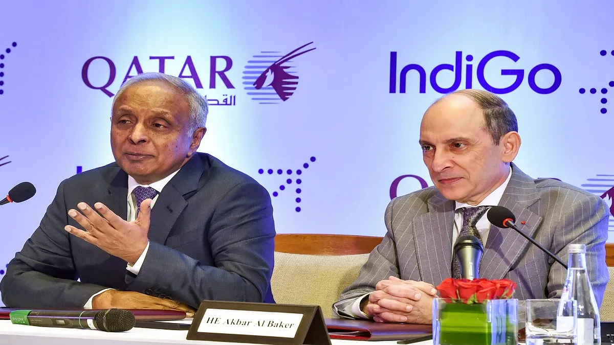 IndiGo CEO Ronojoy Dutta (L) with Qatar Airways' CEO Akbar Al Bake during a business announcement of- India TV Paisa