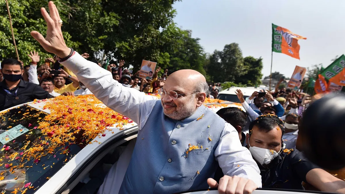Union Home Minister Amit Shah is greeted by party supporters and workers on his arrival in Lucknow o- India TV Hindi