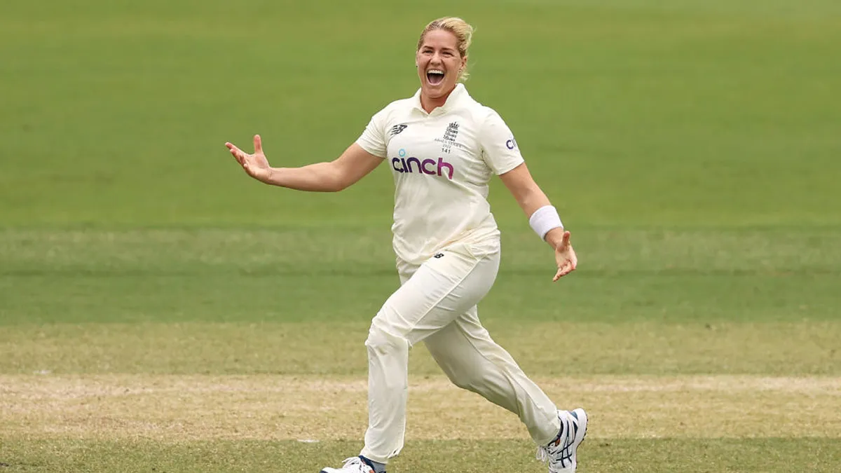 Katherine Brunt of England celebrates taking the wicket of Meg Lanning of Australia during day four - India TV Hindi