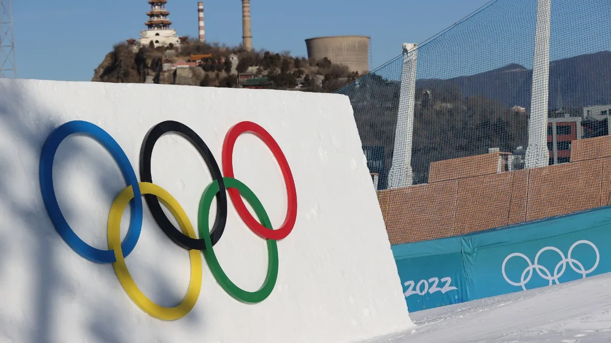 A Olympic rings logo is seen on the jump during the Freestyle Skiing Big Air Testing event- India TV Hindi