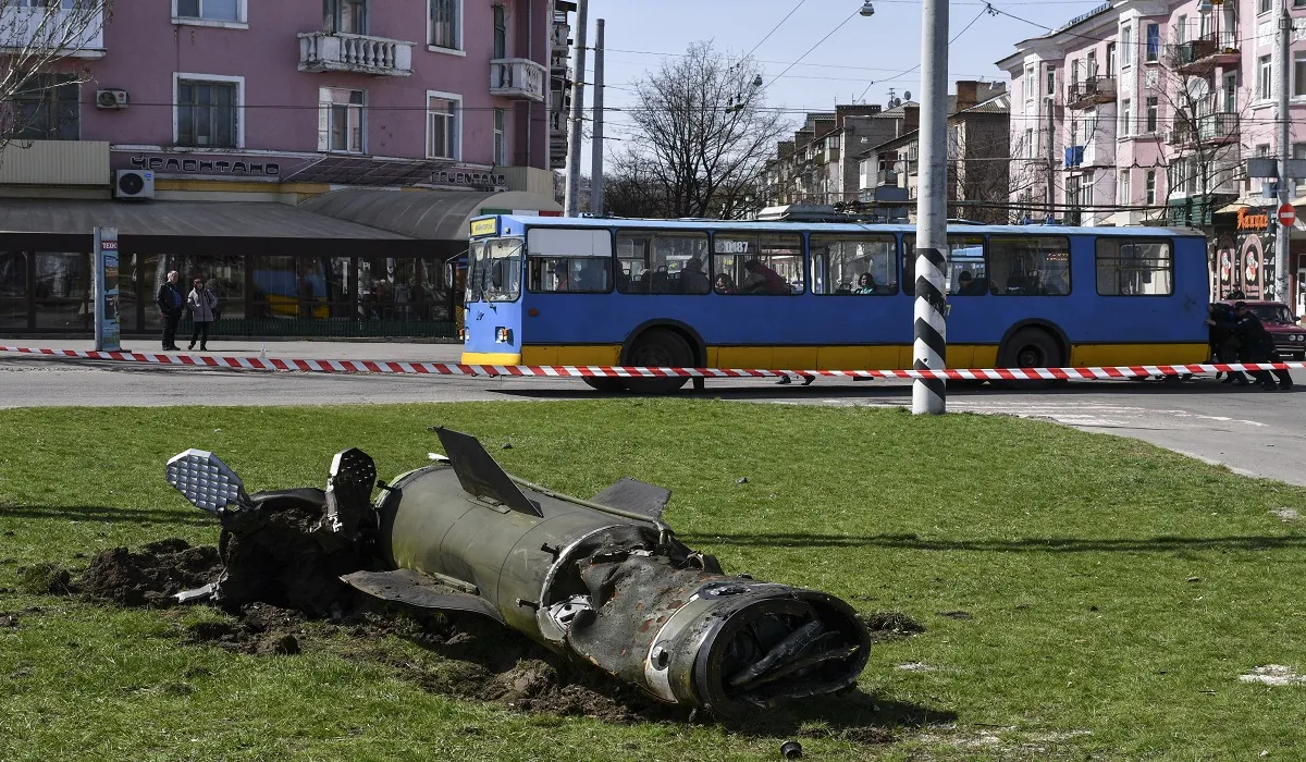 A fragment of a Tochka-U missile lies on the ground following an attack at the railway station in Kr- India TV Hindi