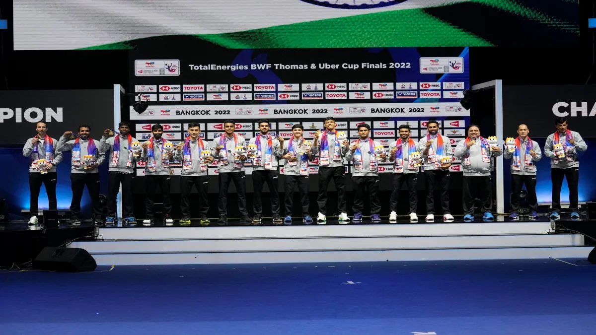 Bangkok: Indias team members celebrate after winning Thomas Cup title in Bangkok, Thailand, Sunday- India TV Hindi