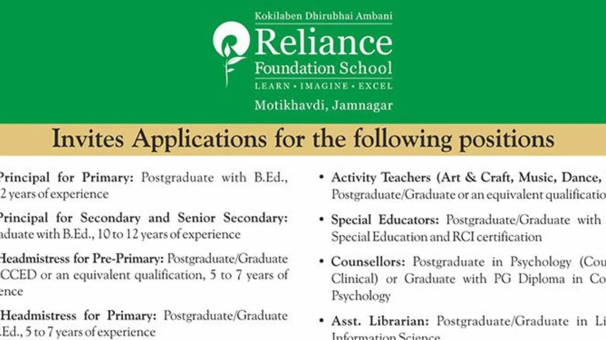 Vacancy in Nita Ambani Reliance Foundation School- India TV Hindi