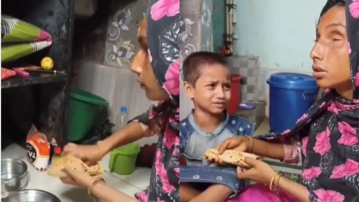 रोती हुई बेटी को रोटी खिलाती हुई दृष्टिहीन मां।- India TV Hindi