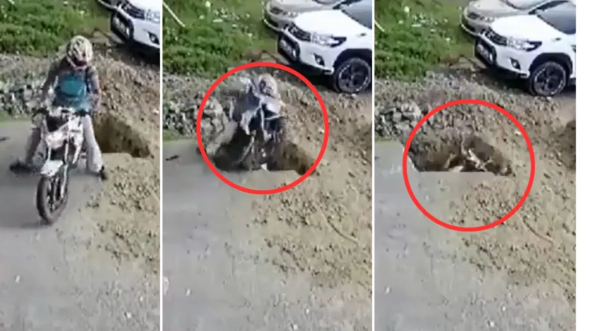 biker falls into pothole- India TV Hindi