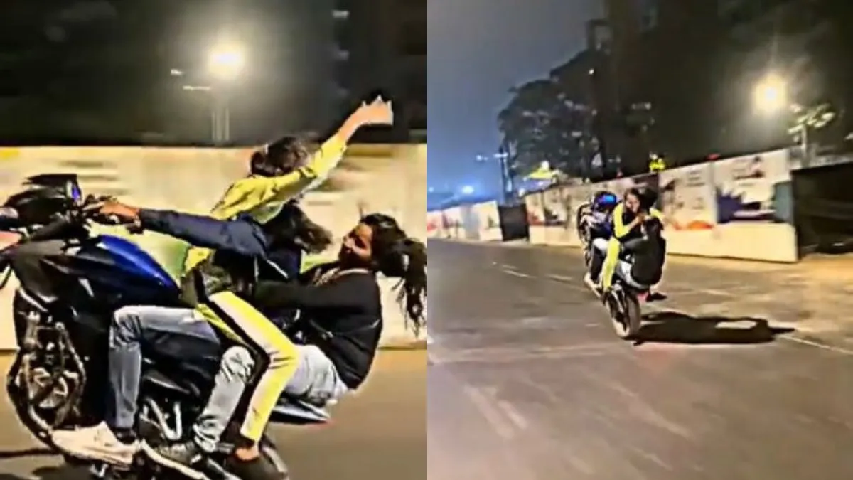लड़कियों को बैठाकर बाइक से स्टंट दिखाता हुआ युवक।- India TV Hindi