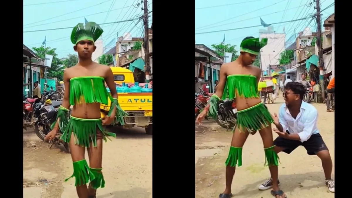 केले के पत्ते का ड्रेस पहनकर डांस करता युवक- India TV Hindi
