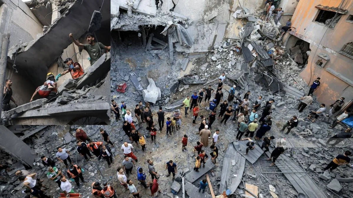 गाजा में इजरायली बमबमारी से तबाह भवनों के मलबे में दबे अपनों को तलाशते लोग।- India TV Hindi