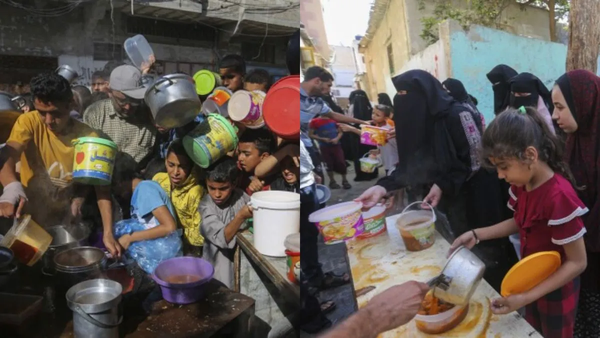 गाजा में भोजन और पानी के लिए लाइन में लगे लोग। - India TV Hindi
