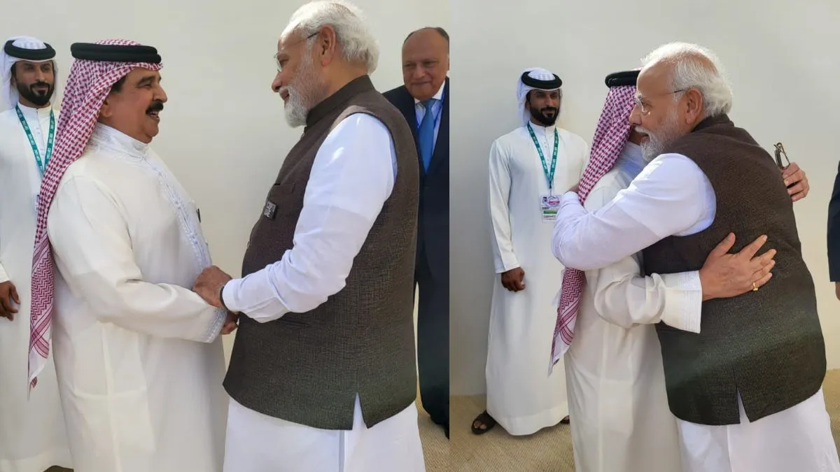 प्रधानमंत्री नरेंद्र मोदी दुबई के रा्ट्रपति राजा हमद से दुबई में मिलते हुए। - India TV Hindi