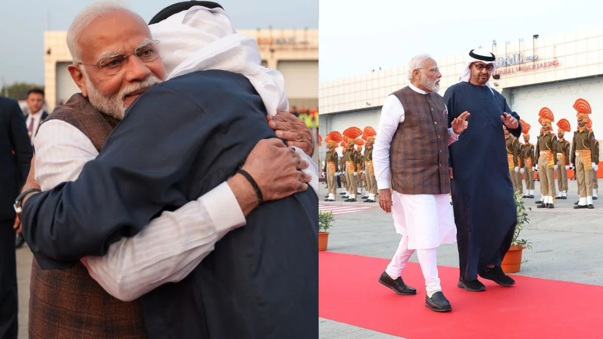 पीएम मोदी और यूएई के राष्ट्रपति मो. बिन जायद नाहयान कुछ इस अंदाज में मिले।- India TV Hindi