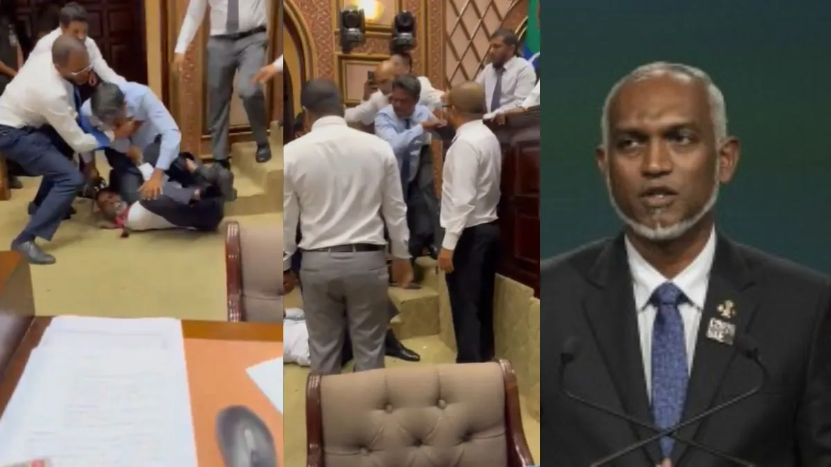 मालदीव की संसद में सांसदों के बीच हो रही पटका-पटकी।- India TV Hindi