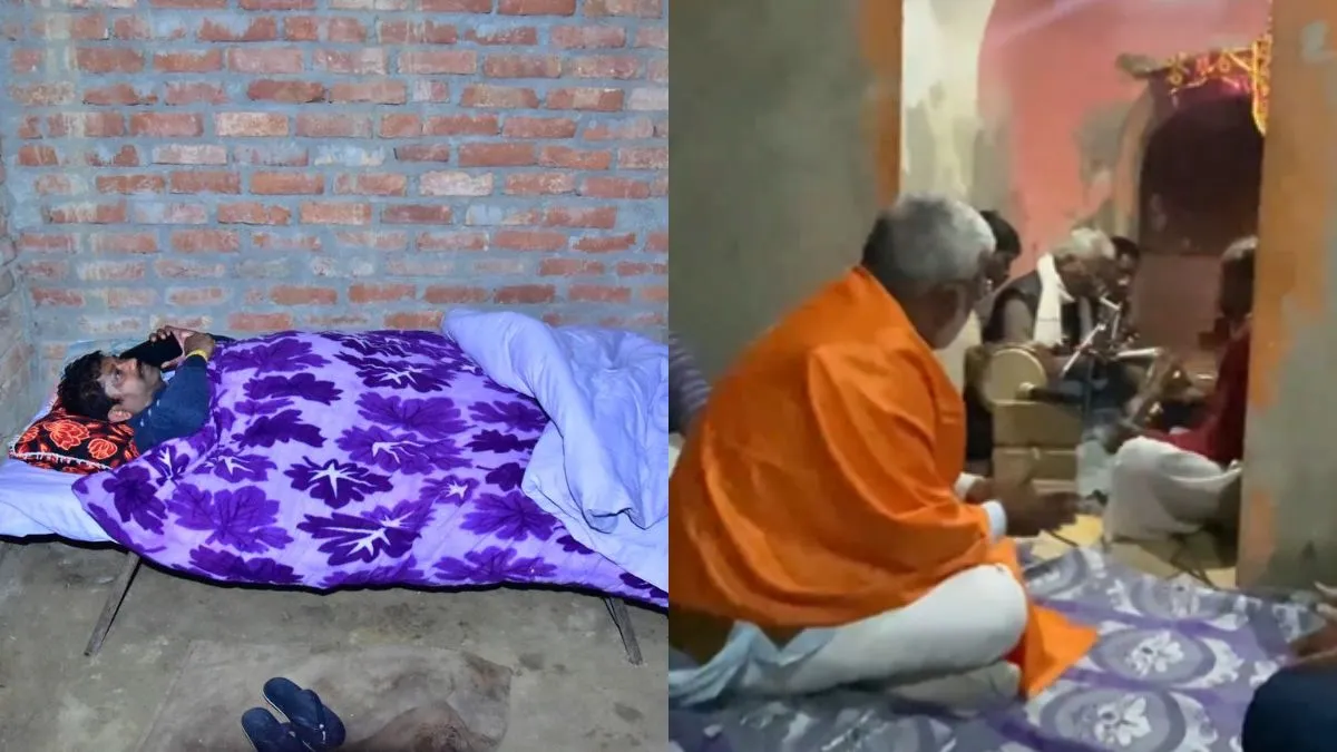 Nand Gopal Nandi lying on the cot and Swatantra Dev Singh singing bhajan.- India TV Hindi