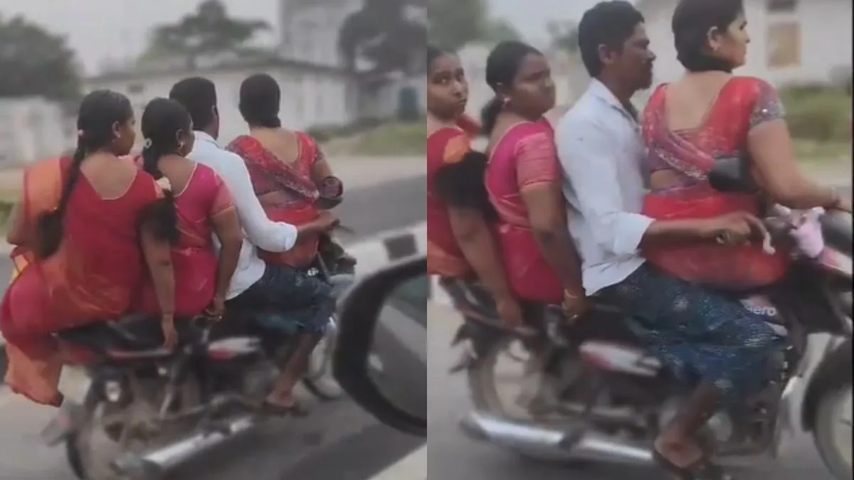 A man riding a bike with three women sitting on it - India TV Hindi