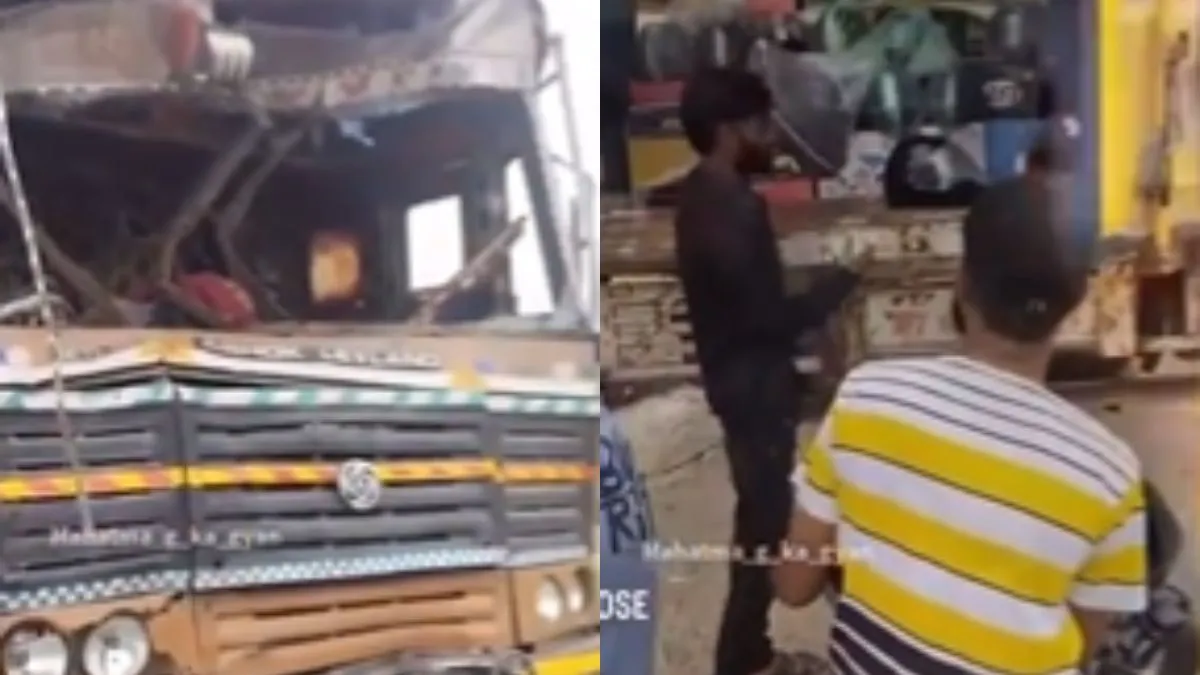 श्रतिग्रस्त ट्रक में हेलमेट बेचता हुआ शख्स- India TV Hindi