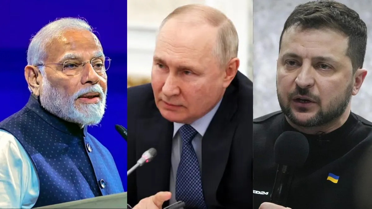 पीएम मोदी (बाएं) और बीच में रूसी राष्ट्रपति पुतिन व दाएं यूक्रेन के राष्ट्रपति जेलेंस्की।- India TV Hindi