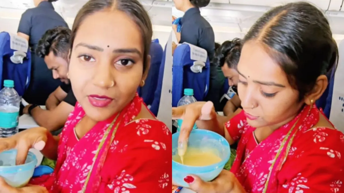 फ्लाइट में सत्तू पीती हुई महिला- India TV Hindi