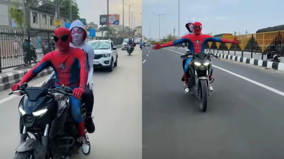 स्पाइडर मैन का कॉस्ट्यूम पहनकर बाइक पर घूमता शख्स- India TV Hindi