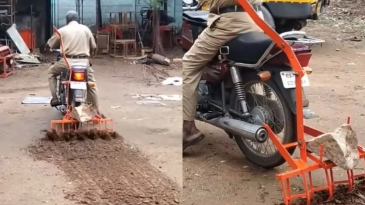 बाइक को ट्रैक्टर बनाकर जमीन जोतते हुए शख्स- India TV Hindi