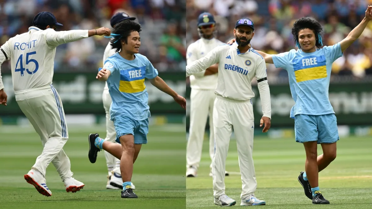 Pitch invader with Rohit Sharma and Virat Kohli