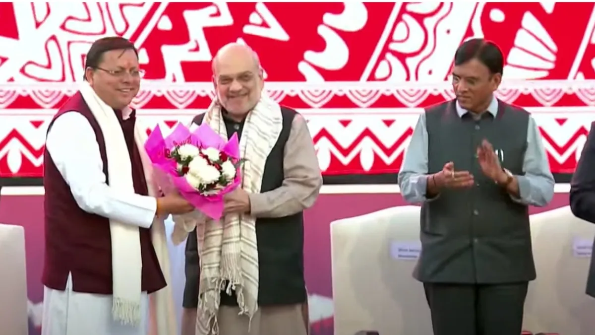 Uttarakhand Chief Minister Pushkar Singh Dhami, Home Minister Amit Shah and Sports Minister Mansukh Mandavia