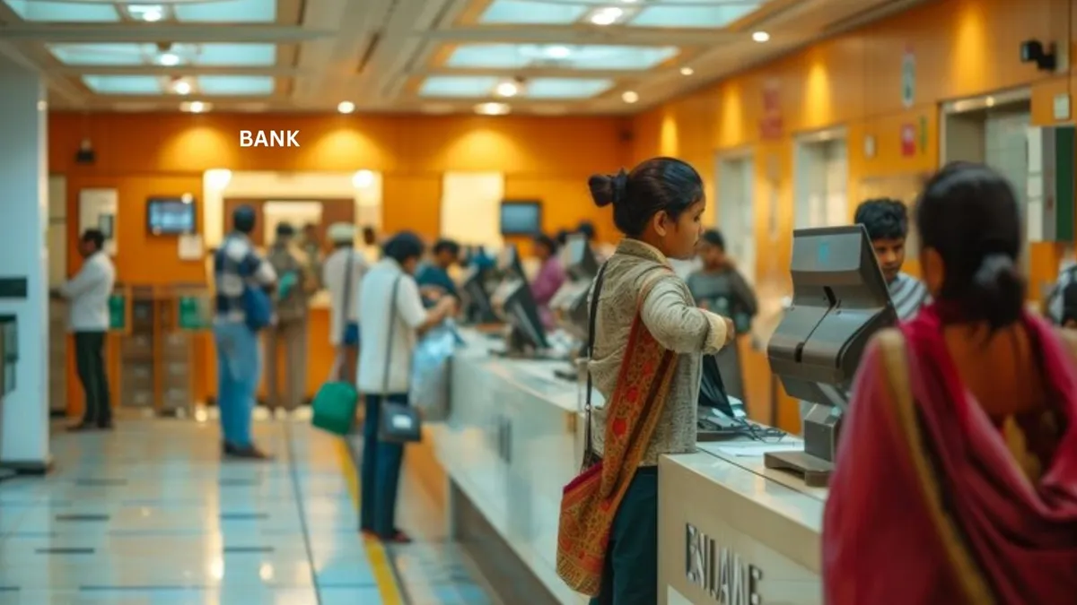 बैंक में कस्टमर सर्विस लेते ग्राहक। 