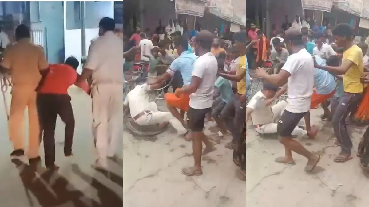 पुलिस कस्टडी में आरोपी। दूसरे विंडो में दरोगा की पिटाई की तस्वीर- India TV Hindi